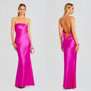 Retrofete Keaton Silk Strapless Maxi Dress in Neon Pink XL